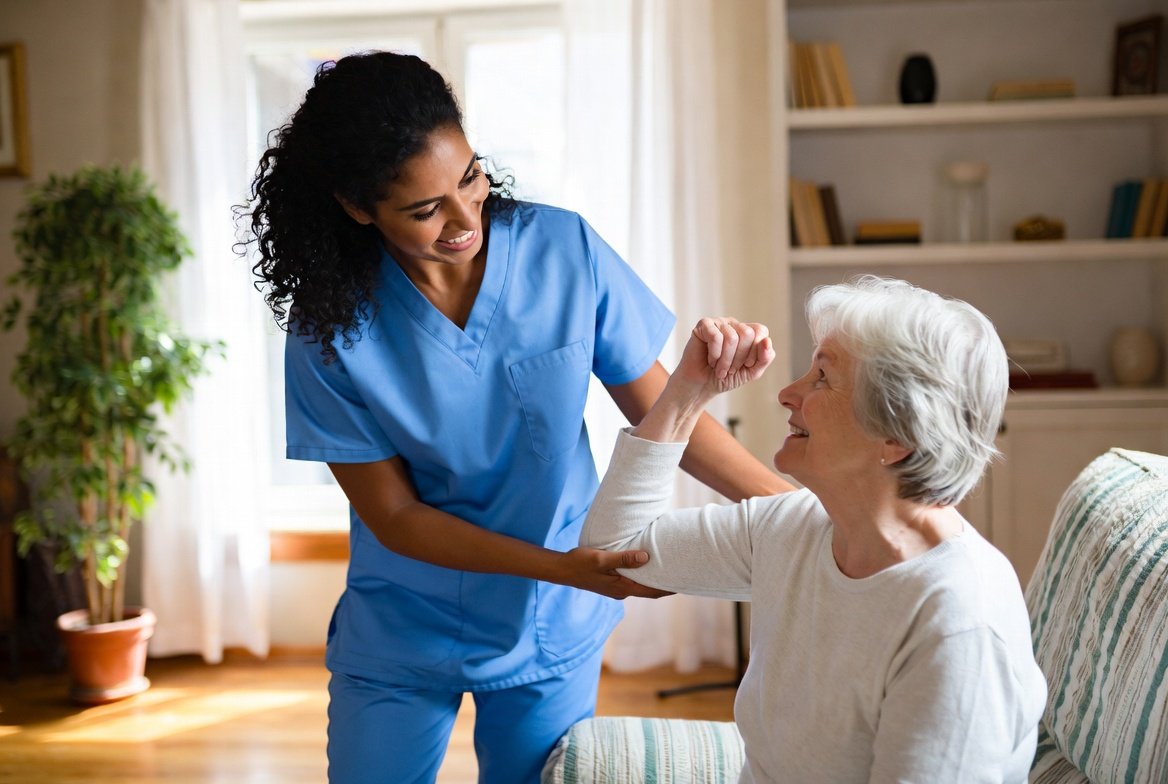 Caregiver helping an elderly woman